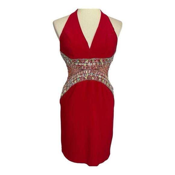 Vintage TONY BOWLS Sequin Cut Out Red Halter Cocktail Dress Pageant HOCO Formal - Picture 4 of 17